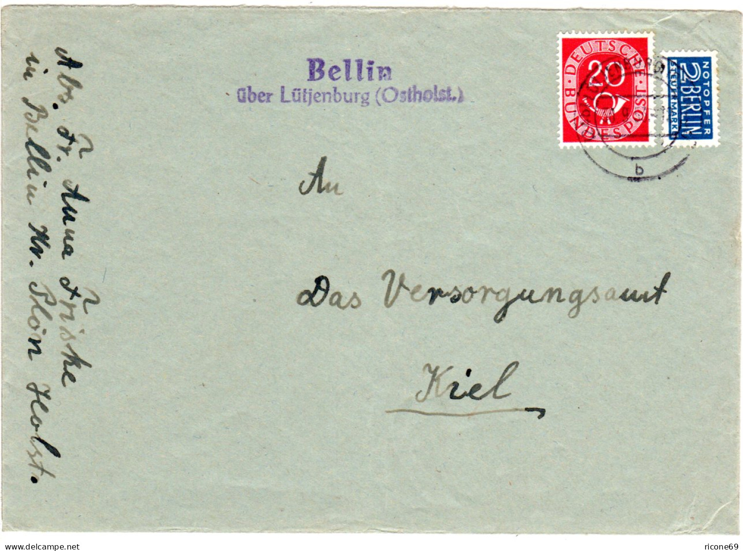 BRD 1953, Landpost Stpl. BELLIN über Lütjenburg Auf Brief M. 20 Pf. Posthorn. - Collezioni
