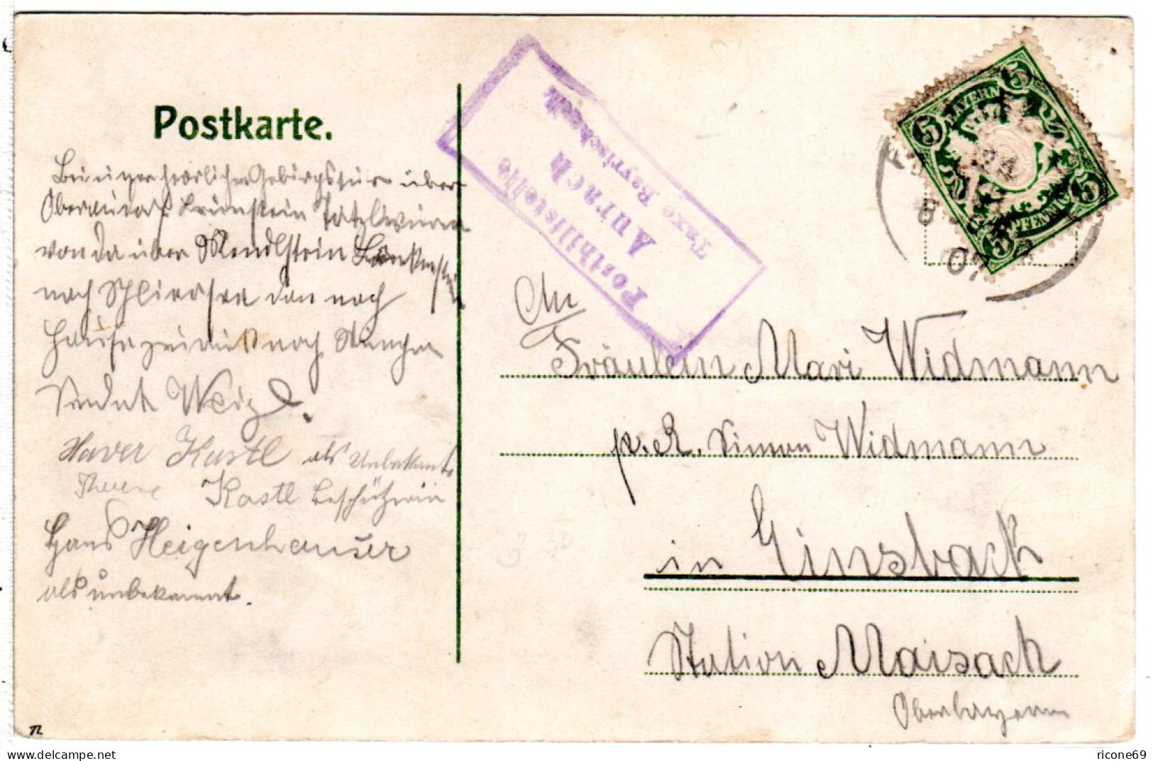 Bayern 1907, Posthilfstelle AURACH Taxe Bayrischzell Auf Karte M. 5 Pf. - Storia Postale