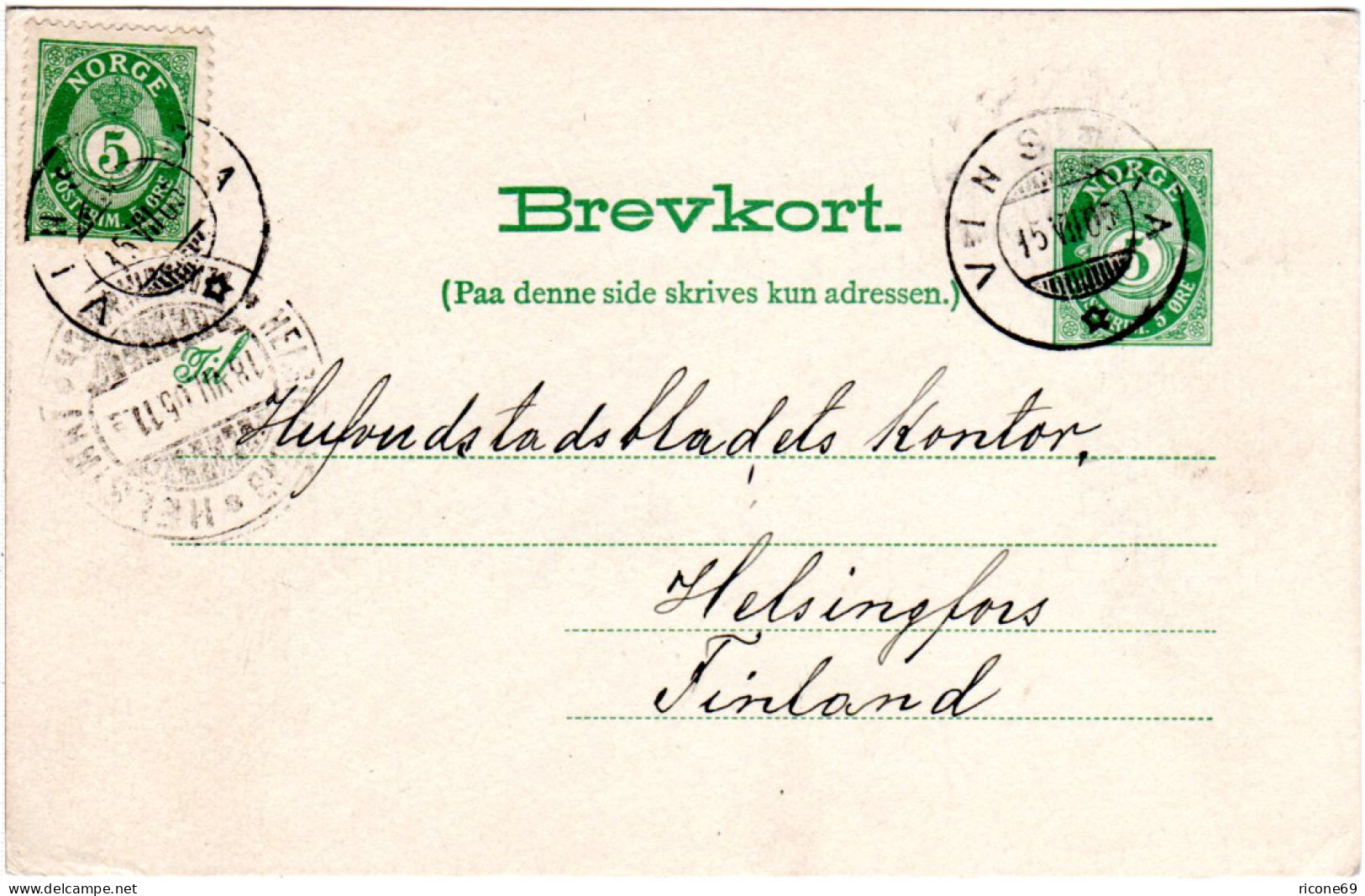 Norwegen 1905, 5 öre Zusatzfr. Auf 5 öre Ganzsache V. VINSTRA N. Finnland - Storia Postale
