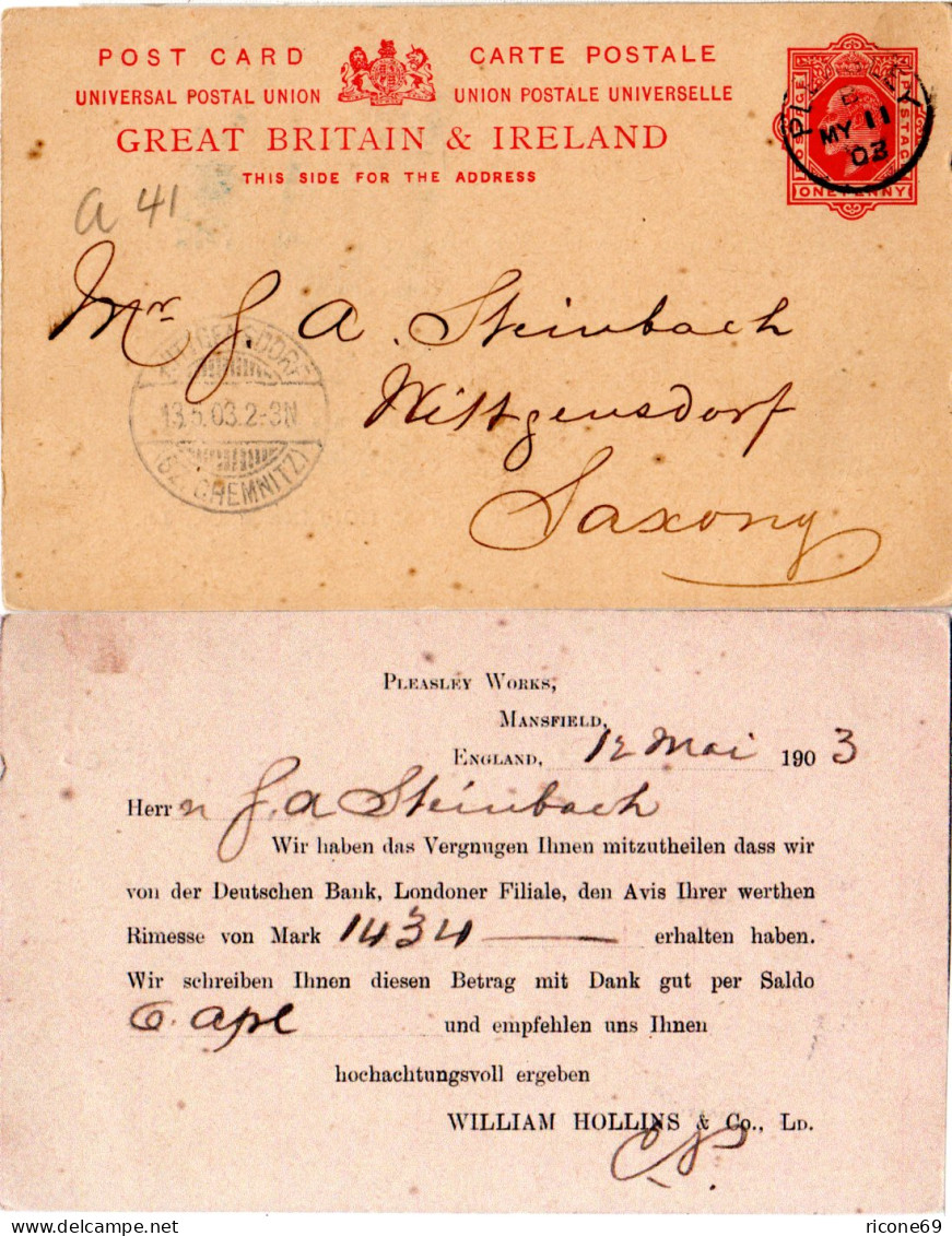 GB 1903, 1d Ganzsache M. Rücks. Zudruck D. Deutschen Bank, Londoner Filiale - Monnaies