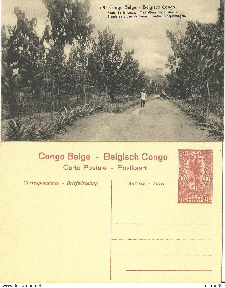 Belgisch Congo, Ungebr. 10 C. Bild Ganzsache M. Abb. Kautschuk Plantage, Ochsen. - Arbres