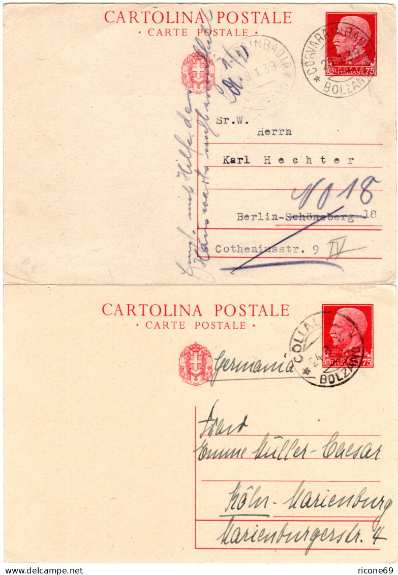 Italien 1938/39, Colalto U. Corvara / Bolzano, 2 Ganzsachen N. Deutschland - Unclassified