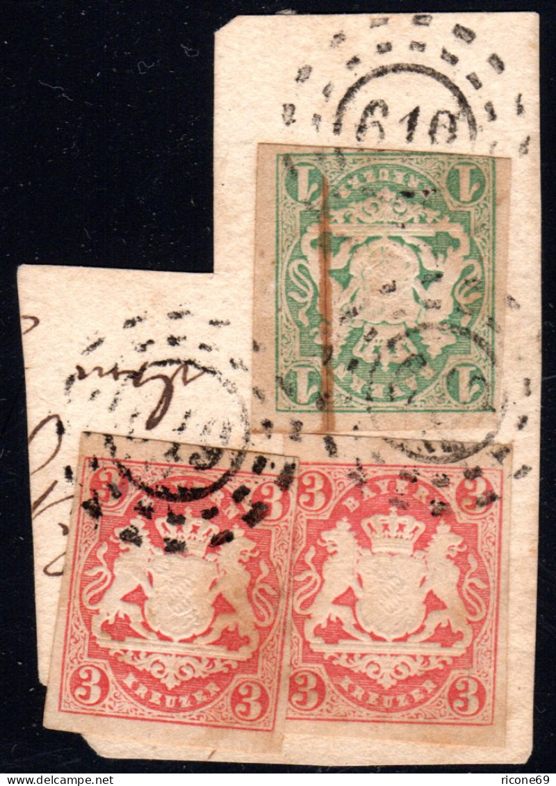 Bayern, OMR 619 Welchenberg 3x Auf Briefstück M. 1+3+3 Kr. - Usados