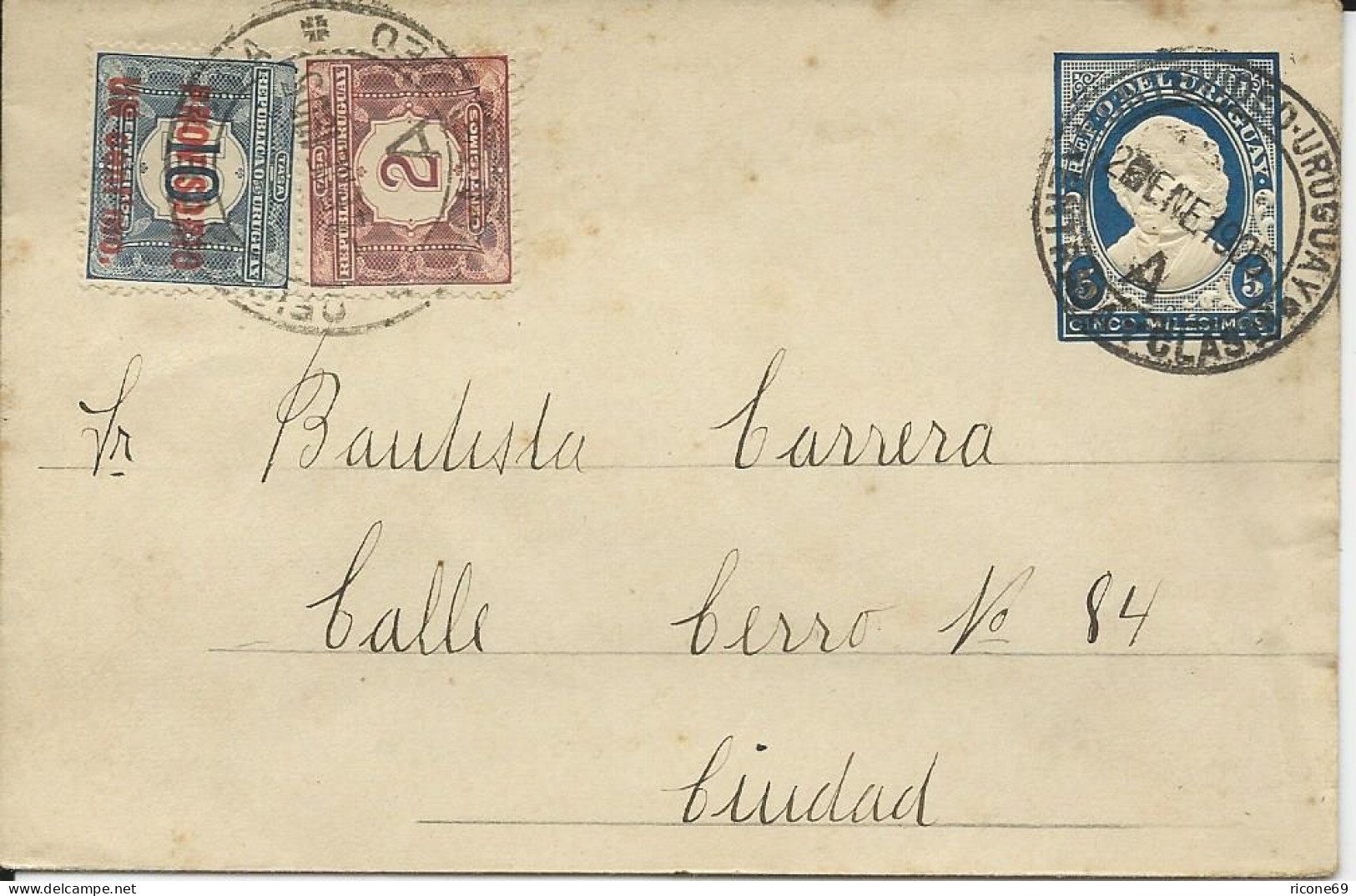 Uruguay 1905, 2+1/10 C. Provisorio Porto Marken Auf Ganzsache Brief V Montevideo - Cartas & Documentos
