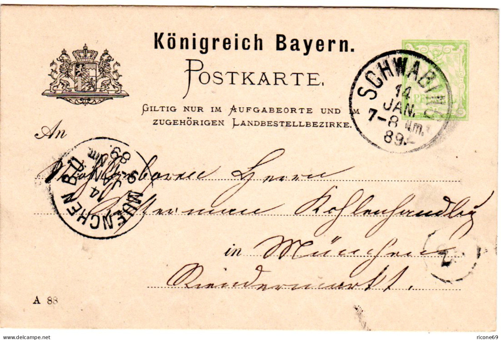 Bayern 1889, K1 SCHWABING Klar Auf 3 Pf. Orts Ganzsache - Covers & Documents