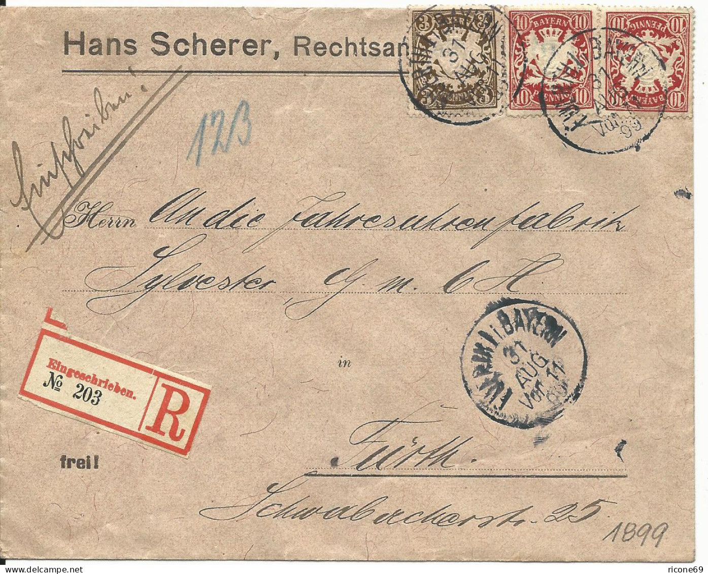 Bayern 1899, 3+2x10 Pf. Auf Orts Reko Brief V. Fürth. 23 Pf.-Frankatur! - Cartas & Documentos