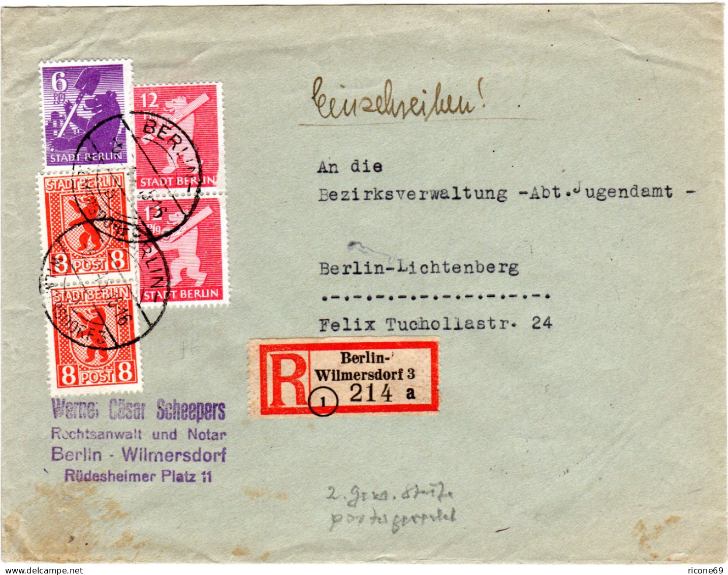 Berlin 1946, 5 Marken Auf Portorichtigem R-Doppel-Ortsbrief  - Lettres & Documents