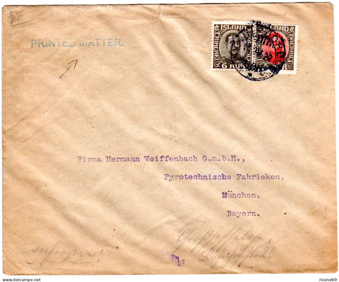 Island 1922, 6+4 Aur Auf Drucksache Brief V. Siglufjördur N. Bayern. - Storia Postale