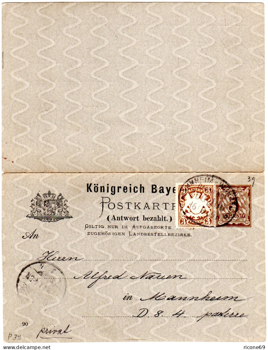 Bayern 1919, DR Bahnpoststpl. Mannheim-Würzburg Auf 3 Pf. Doppelkarte M. Zusatz - Brieven En Documenten