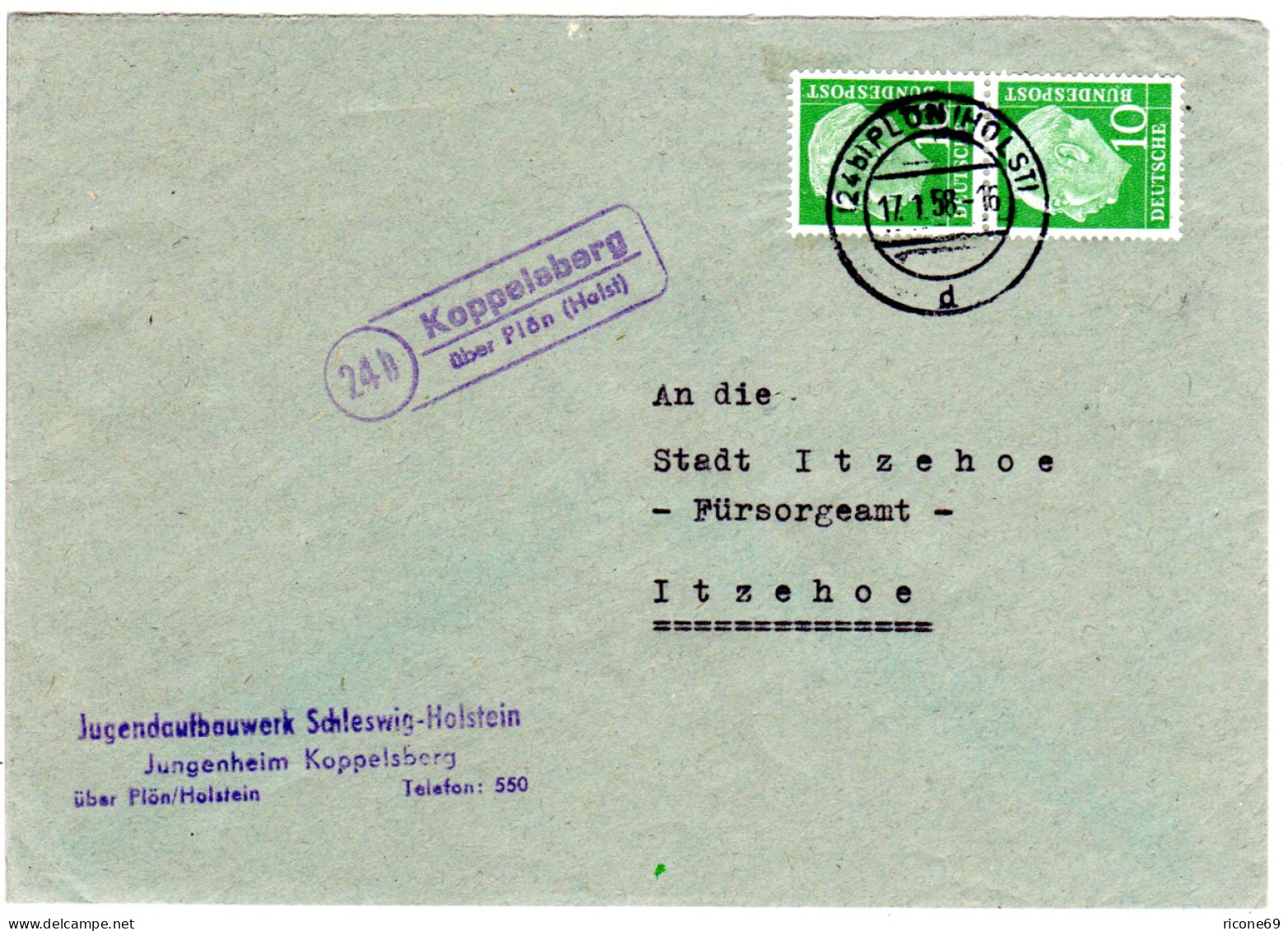 BRD 1958, Landpoststpl. 24b KOPPELSBERG über Plön Auf Brief M. Paar 10 Pf. - Storia Postale