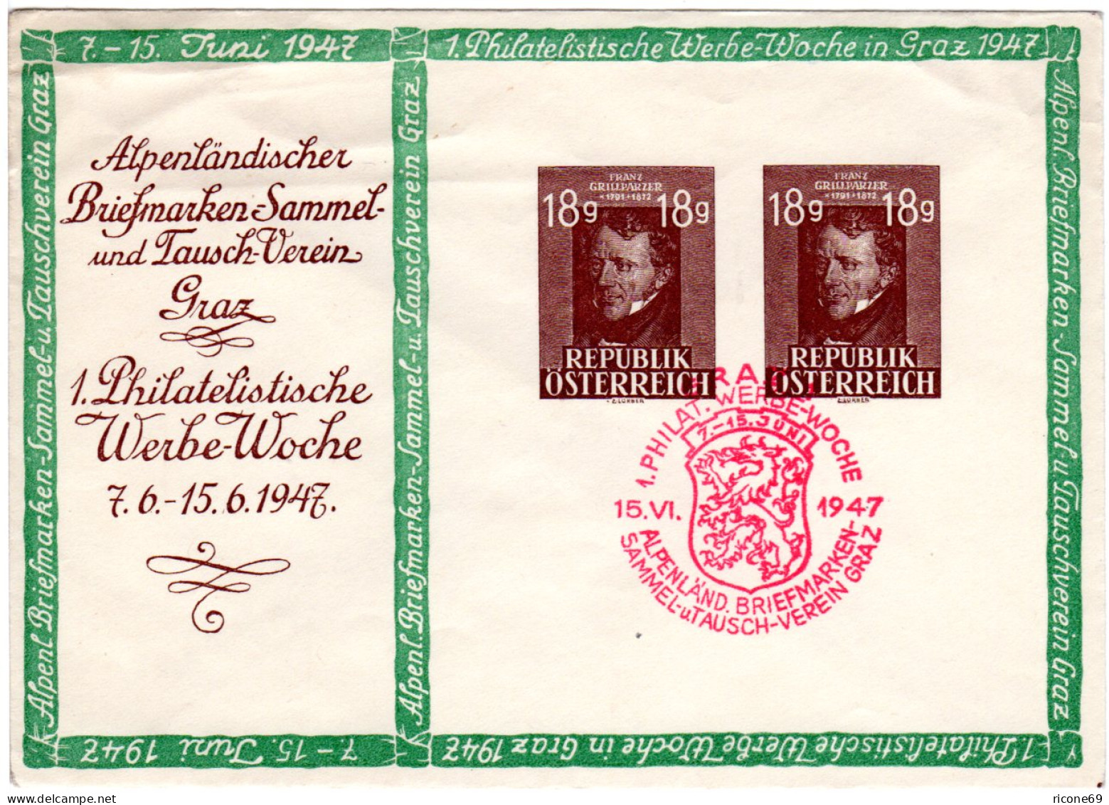 Österreich 1947, 18+18 G. Grillparzer, Graz Gest. Privatganzsachenumschlag - Cartas & Documentos