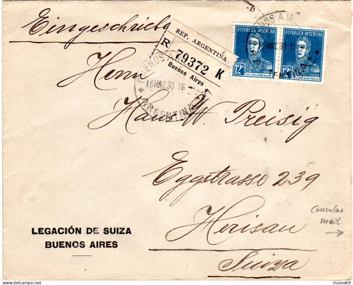 Argentinien 1930, Paar 12 C. Auf Schweiz Konsulats Reko-Brief V. Buenos Aires - Covers & Documents