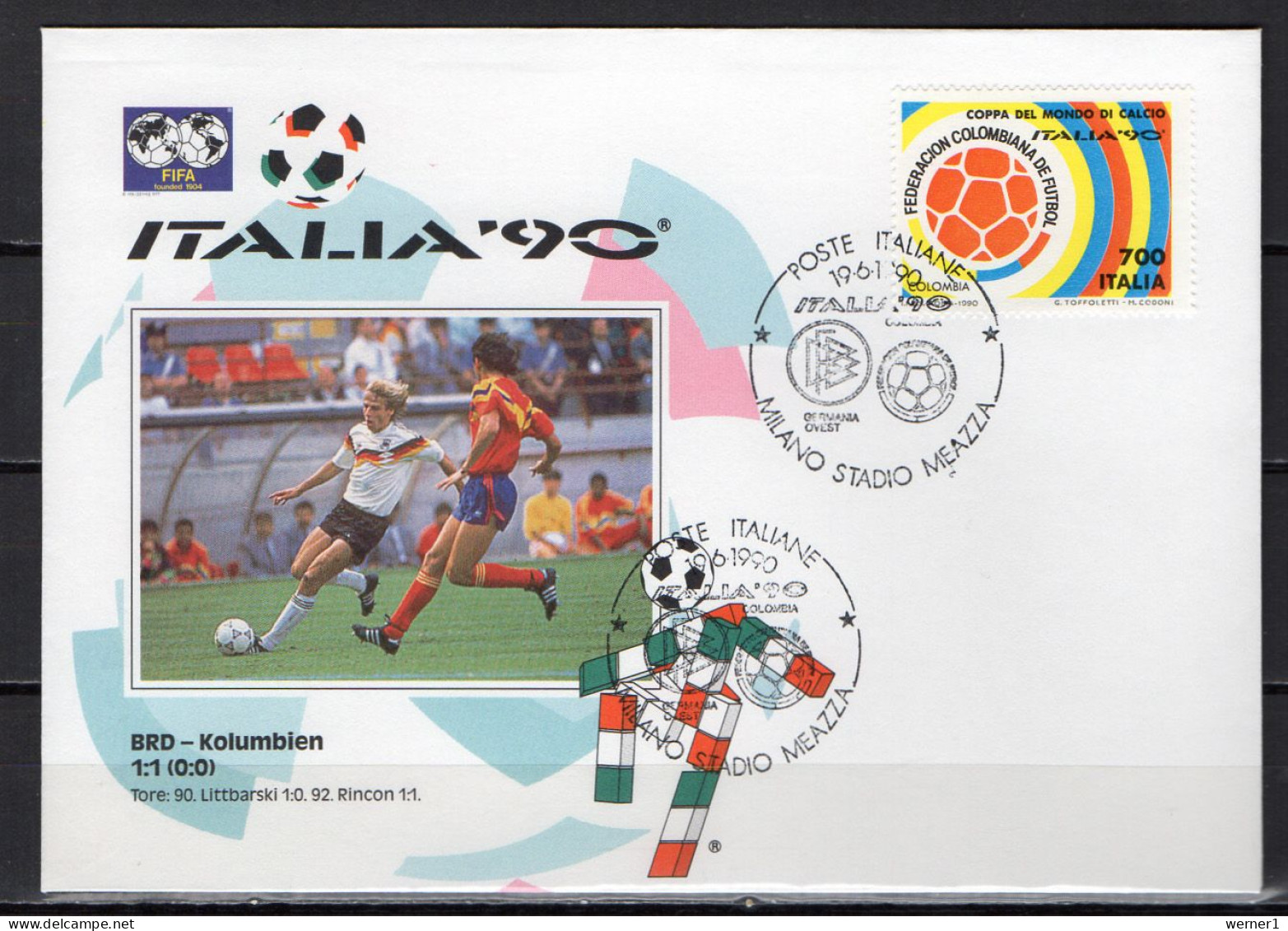 Italy 1990 Football Soccer World Cup Commemorative Cover Final Match Germany - Colombia 1 : 1 - 1990 – Italien