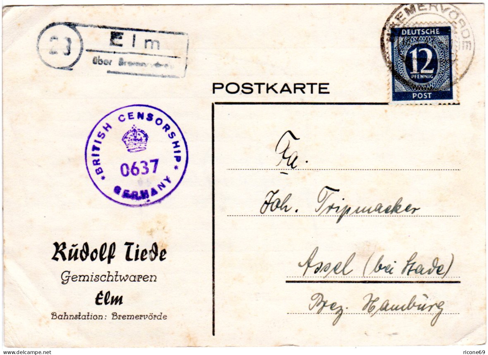 1946, Landpoststempel ELM über Bremervörde Auf Zensur Karte M. 12 Pf. - Lettres & Documents