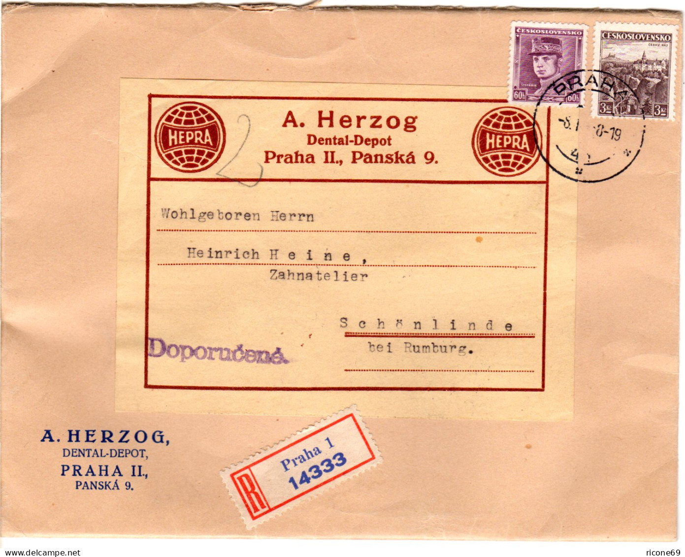 Tschechoslowakei 1934, 60 H.+3 Kr. Auf Einschreiben Brief V. Prag - Cartas & Documentos