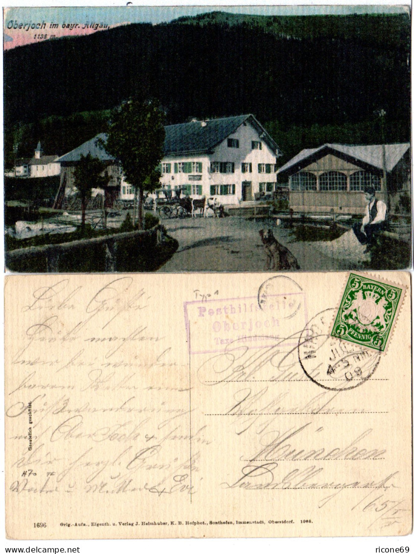 Bayern 1909, Posthilfstelle OBERJOCH Taxe Hindelang Auf Farb-AK M. 5 Pf. - Storia Postale