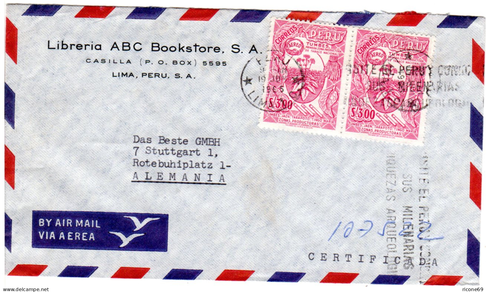 Peru 1965, MeF 2x3 S. Tabak Auf Luftpost Brief V. Lima N. Deutschland - Perú