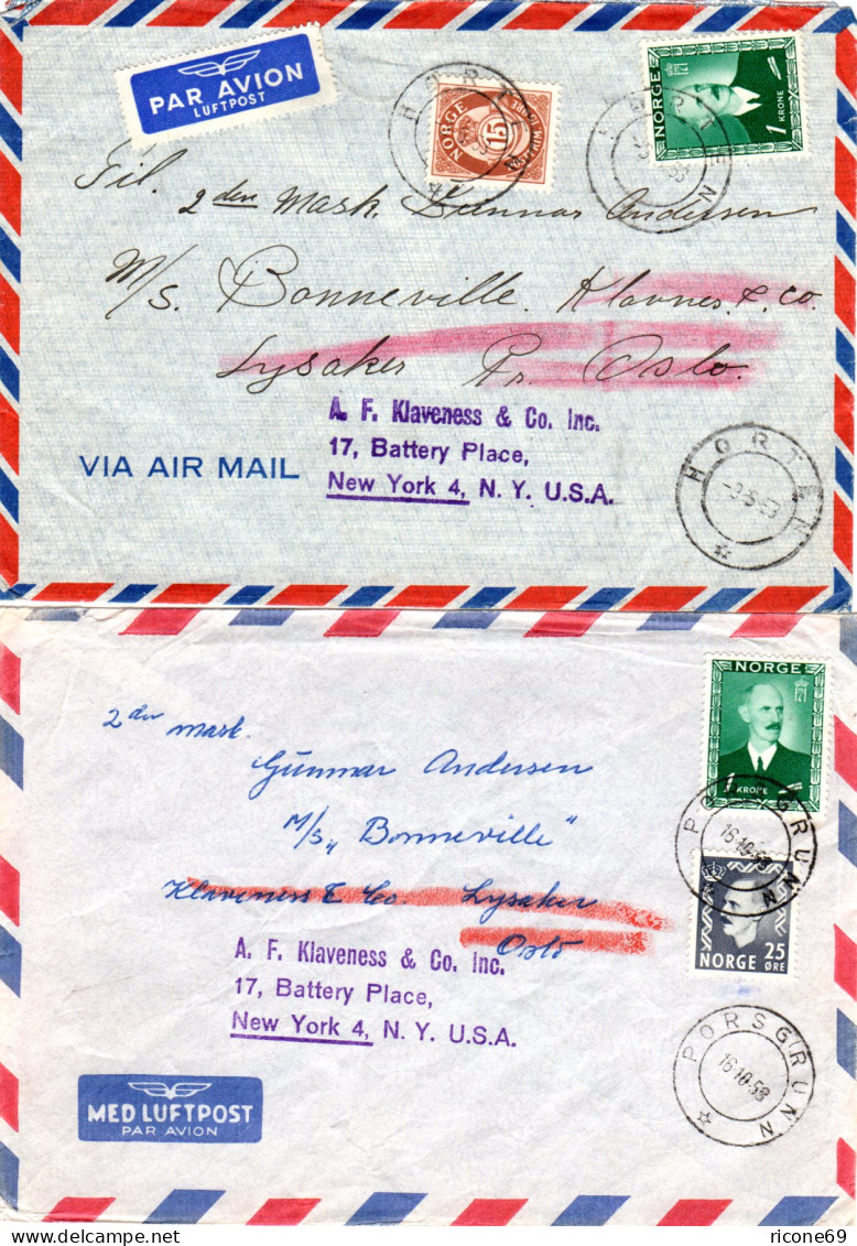 Norwegen 1953, 2 Seemanns Nachsende Luftpost Briefe V. Horten N. USA.  - Andere & Zonder Classificatie
