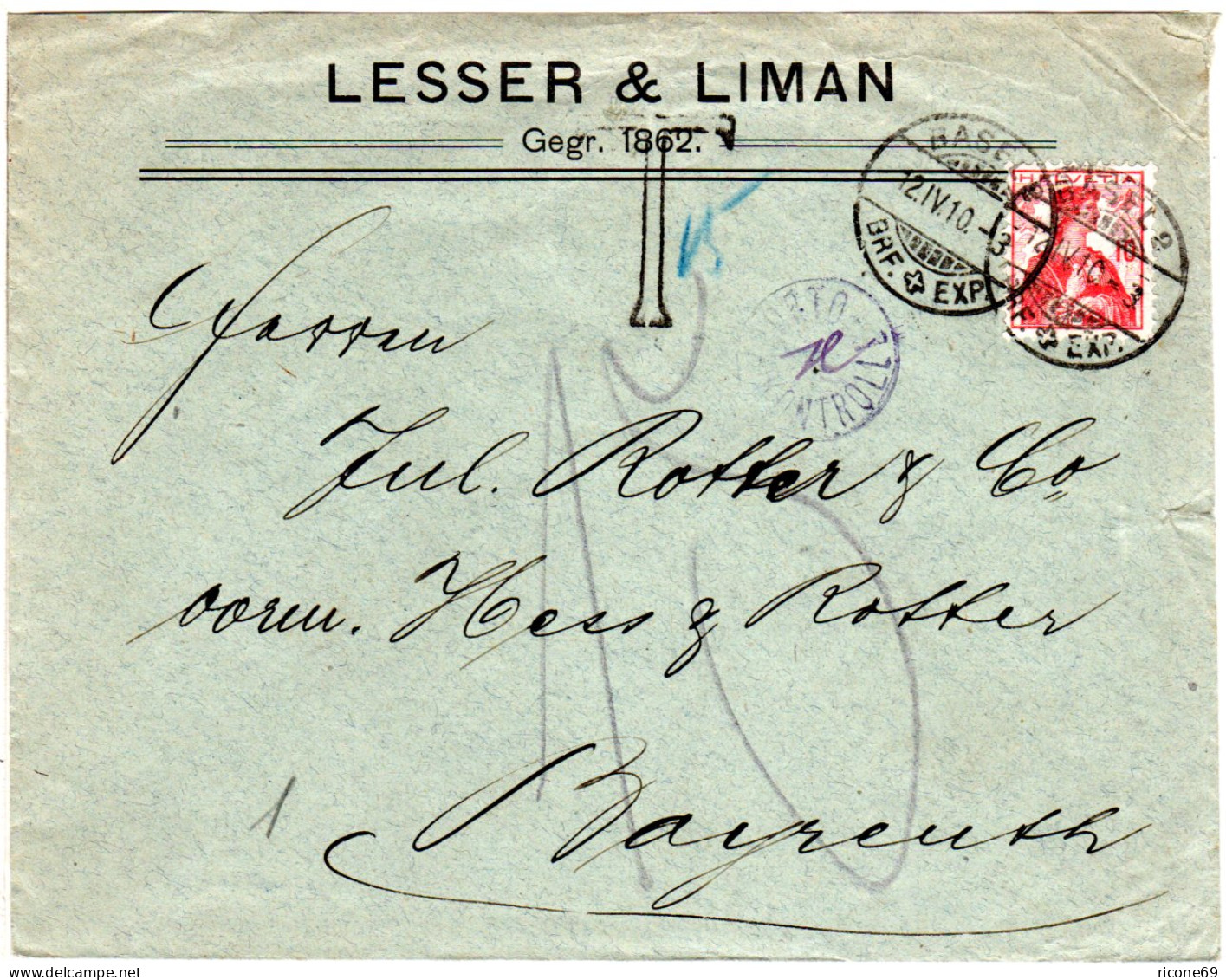 Schweiz 1910, 10 C. Auf Brief V. Basel N. Bayern M. "T" Sowie Porto-Kontrolle - Cartas & Documentos
