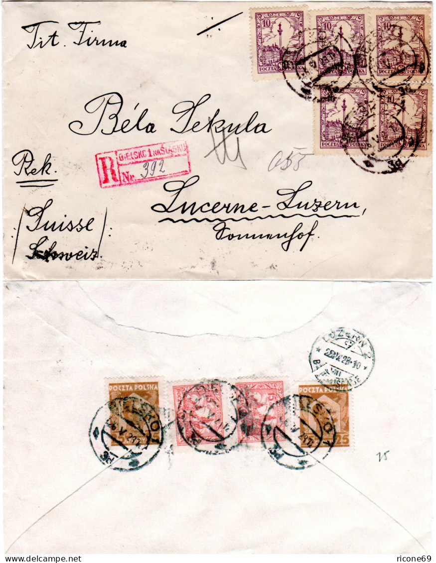 Polen 1928, 9 Marken Vorder- U. Rücks. Auf Reko Brief V. Bielsko In Die Schweiz - Brieven En Documenten