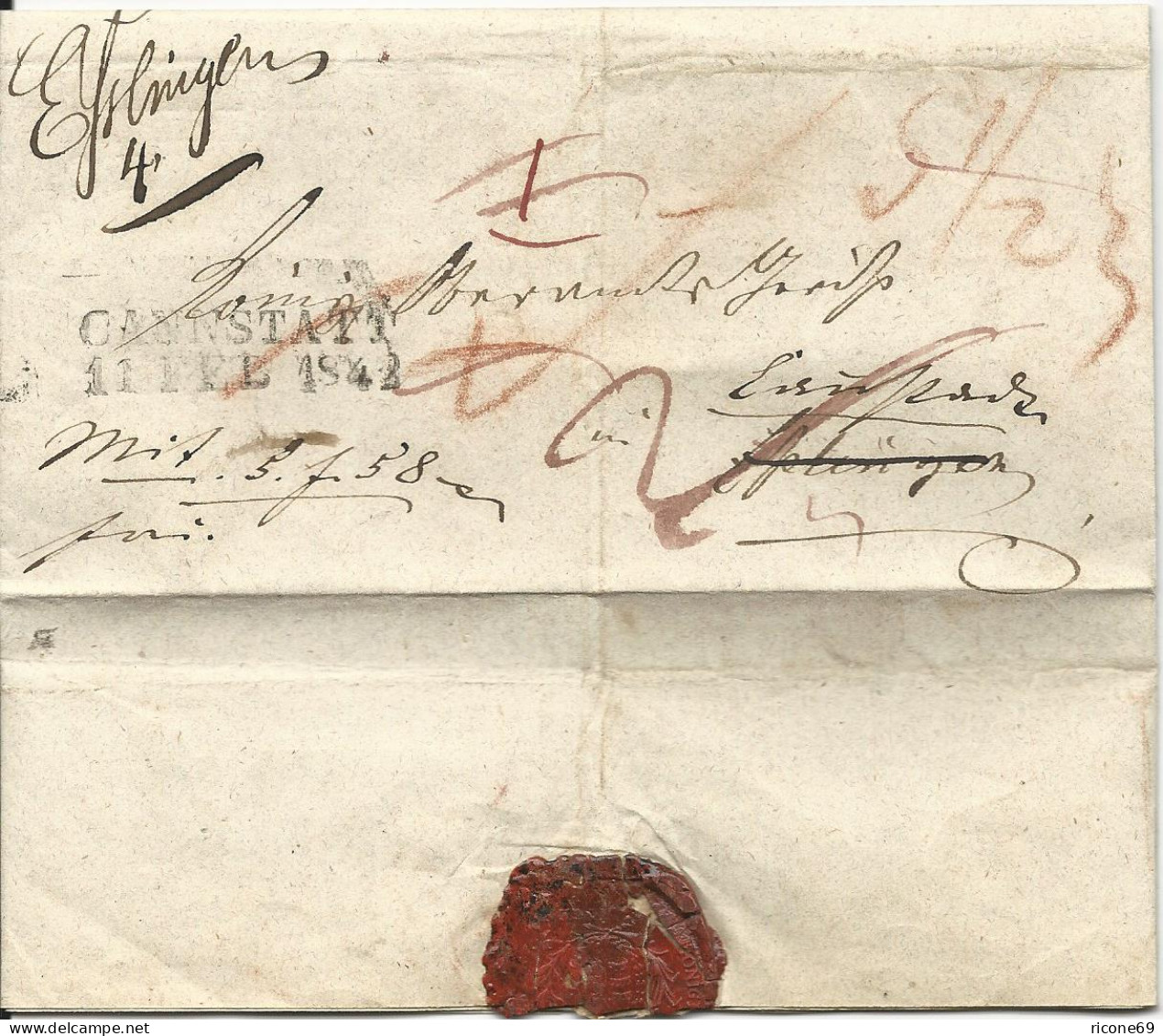 Württemberg 1842, Hds. Esslingen Auf Nachsende Wert Brief M. L2 Cannstadt - Prephilately