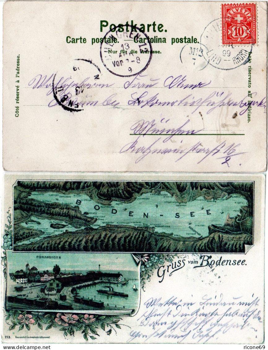Bayern 1899, Schiffspost-K1 LIND-RHORN Auf Bodensee Litho-AK M. Schweiz 10 C. - Lettres & Documents