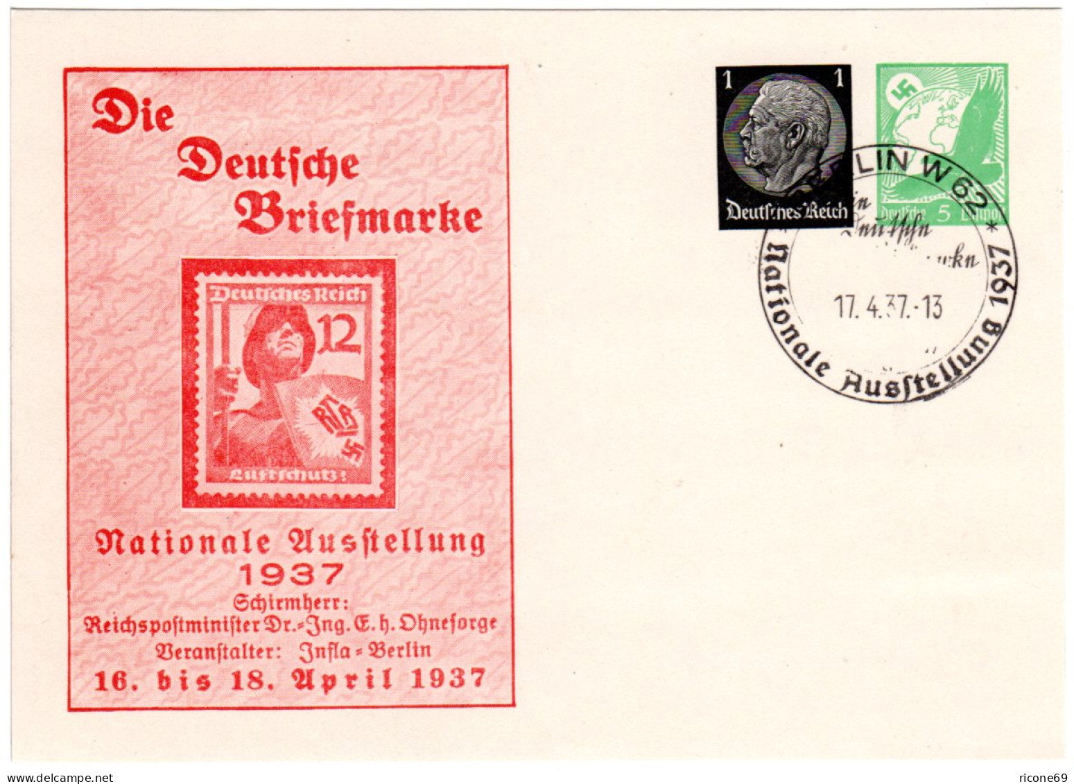 DR, 1+5 Pf. Privatganzsachenkarte Berlin Ausstellung 1937 M. Entspr. Sonderstpl - Altri & Non Classificati