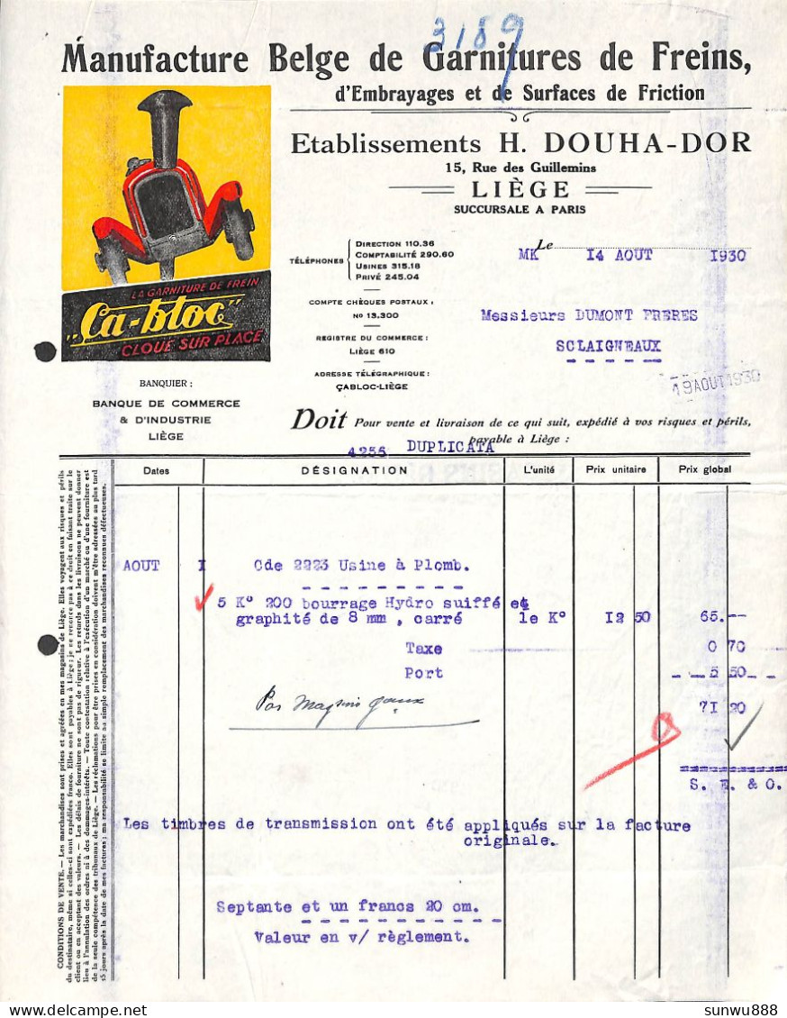 Liège - Manufacture De Garnitures De Freins H. Douha-Dor (ça-bloc 1930) - 1900 – 1949
