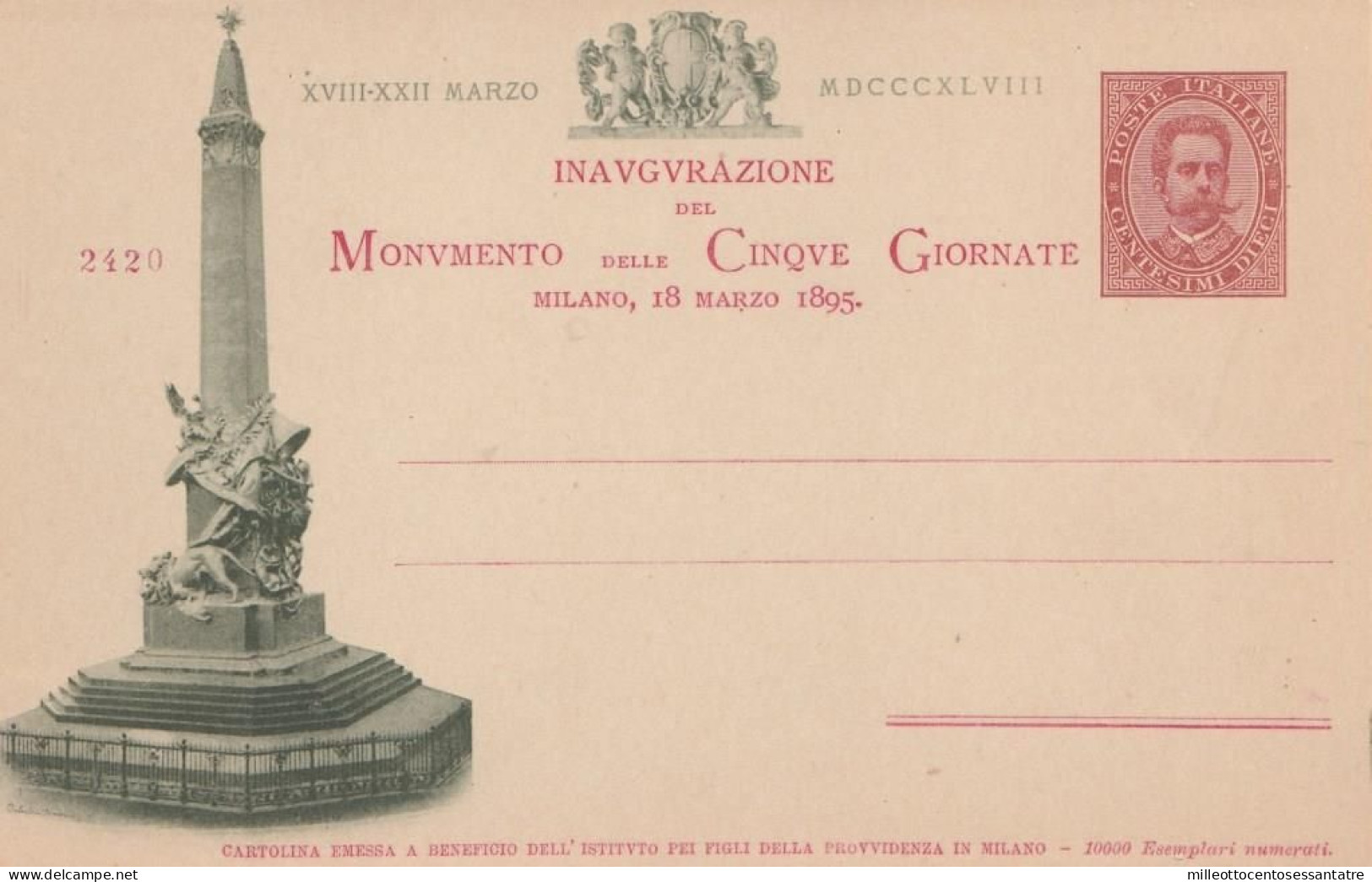 2459  - REGNO - Cartolina Postale - Ardesia - Da Cent. 10 Rosa - NUOVA - 18 Marzo 1895 - "CINQUE GIORNATE DI MILANO" - Entiers Postaux