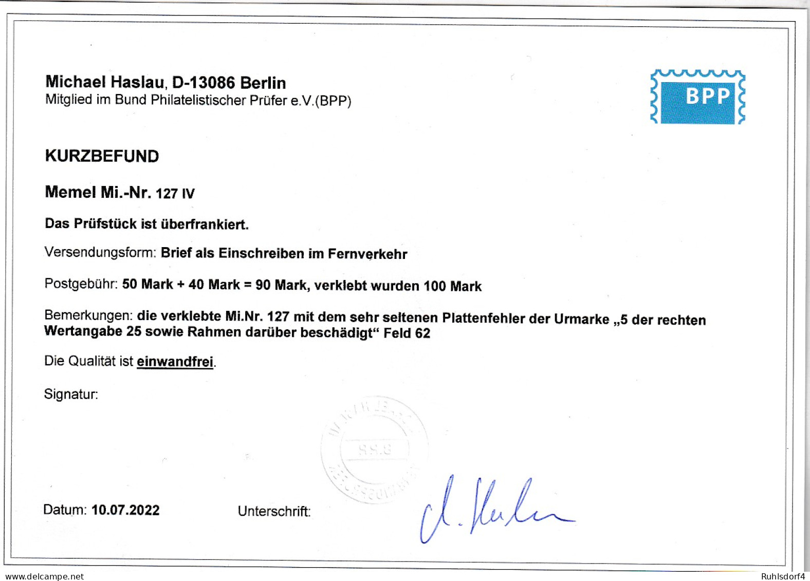 Memel: Einschreibbrief Mit Sehr Seltener Frankatur 127 IV, Befund Haslau BPP - Otros & Sin Clasificación