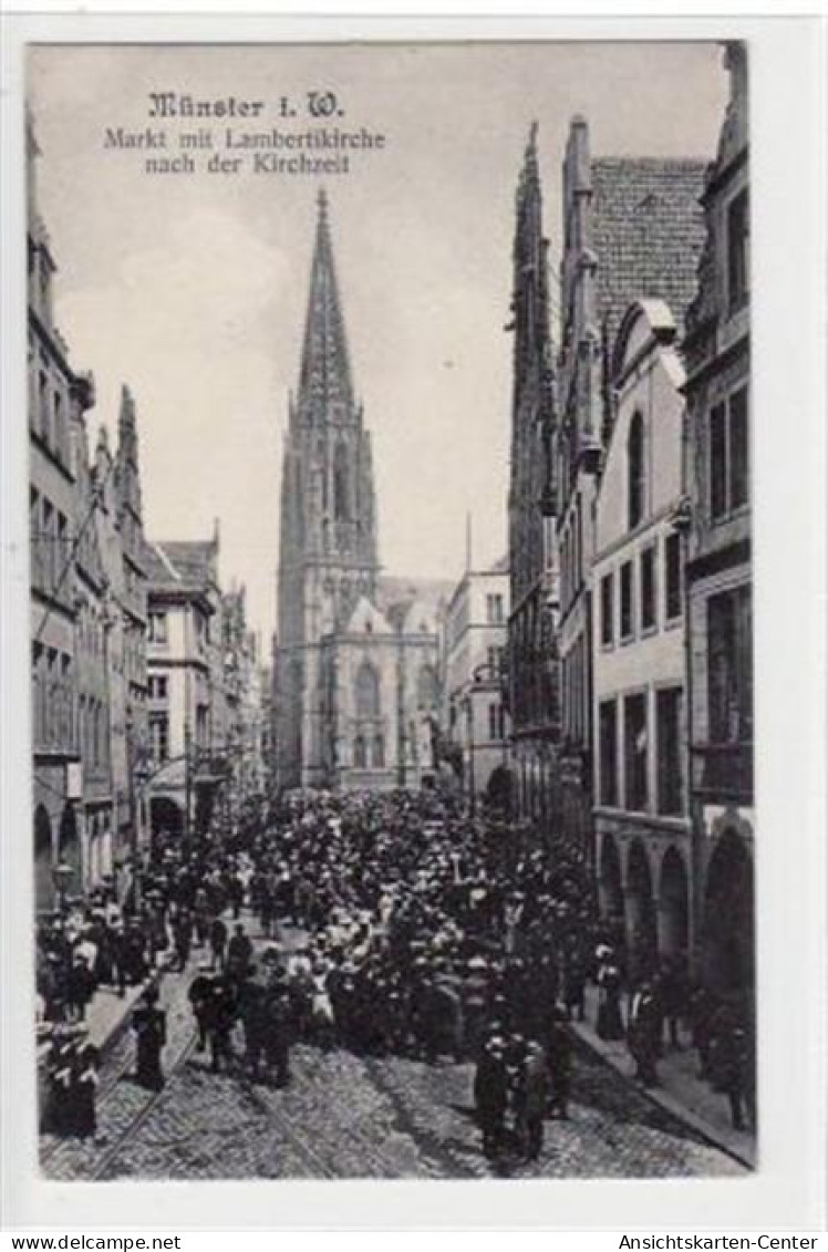 39063207 - Muenster Markt Mit Lambertikirche Nach Der Kirchzeit Gelaufen, Mit Marke Und Stempel Von 1913. Kleine Bescha - Muenster