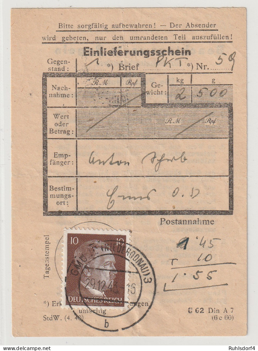 Hitler 10 Pfg. Auf Einlieferungsschein - Autres & Non Classés