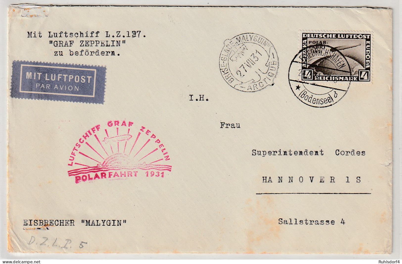 Polarfahrt 4 RM Auf Brief Zur "Malygin" - Zeppelin
