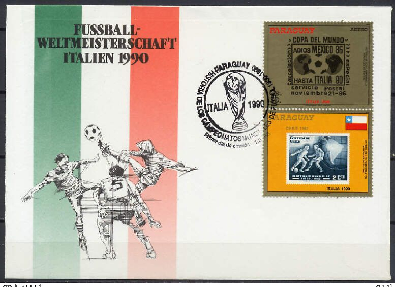 Paraguay 1988 Football Soccer World Cup Stamp With Label On FDC - 1990 – Italië