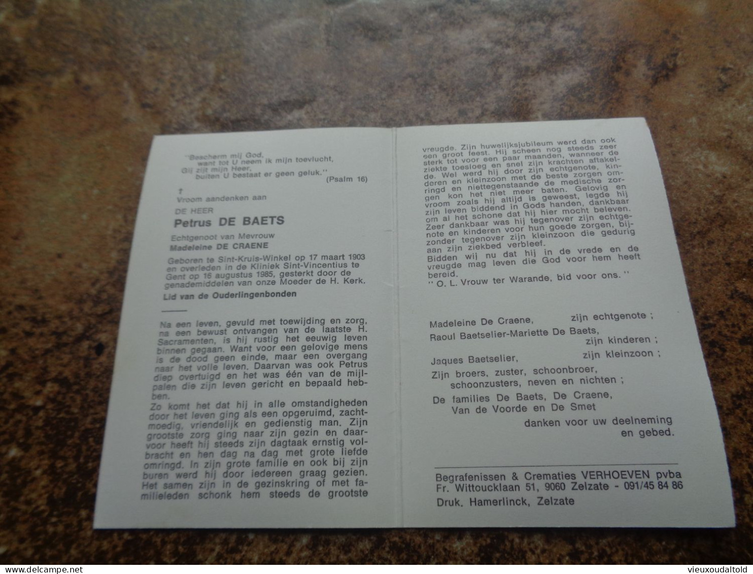 Doodsprentje/Bidprentje  Petrus DE BAETS   St Kruis Winkel 1903-1985 Gent  (Echtg Madeleine DE CRAENE) - Godsdienst & Esoterisme