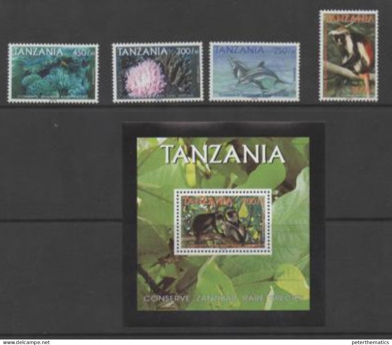 TANZANIA , MNH, ZANZIBAR RARE SPECIES, MONKEYS, DOLPHINS, CORALS, 4v+ S/SHEET - Mono