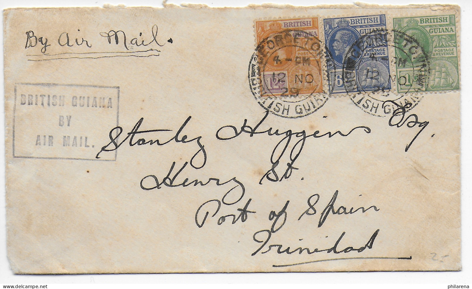 British Guiana, Air Mail, 1929 Nach Trinidad - Guyane (1966-...)