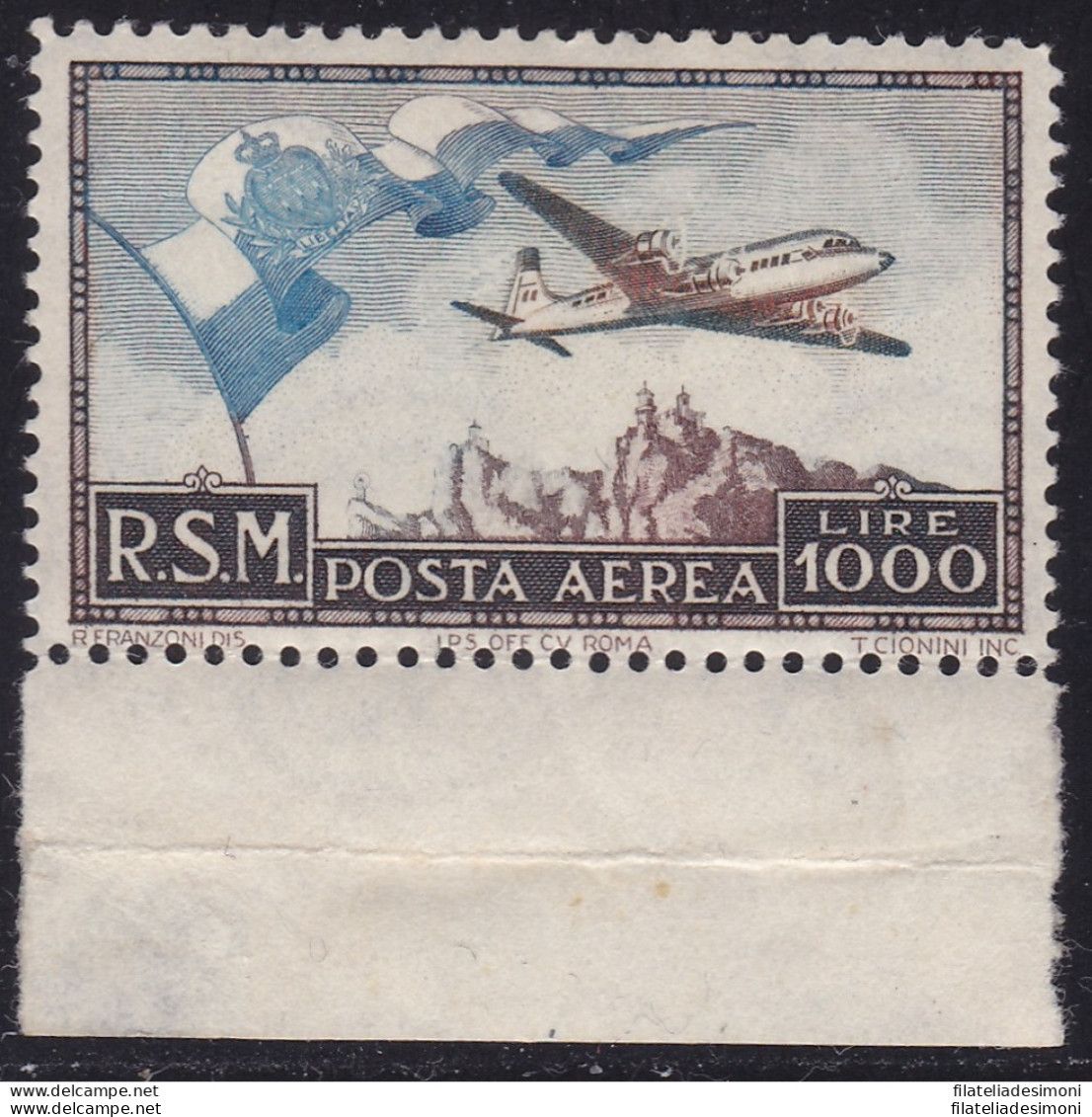 1951 SAN MARINO, PA N° 99 ,  'Bandierone'  , MNH** , Certificato Diena - Corréo Aéreo