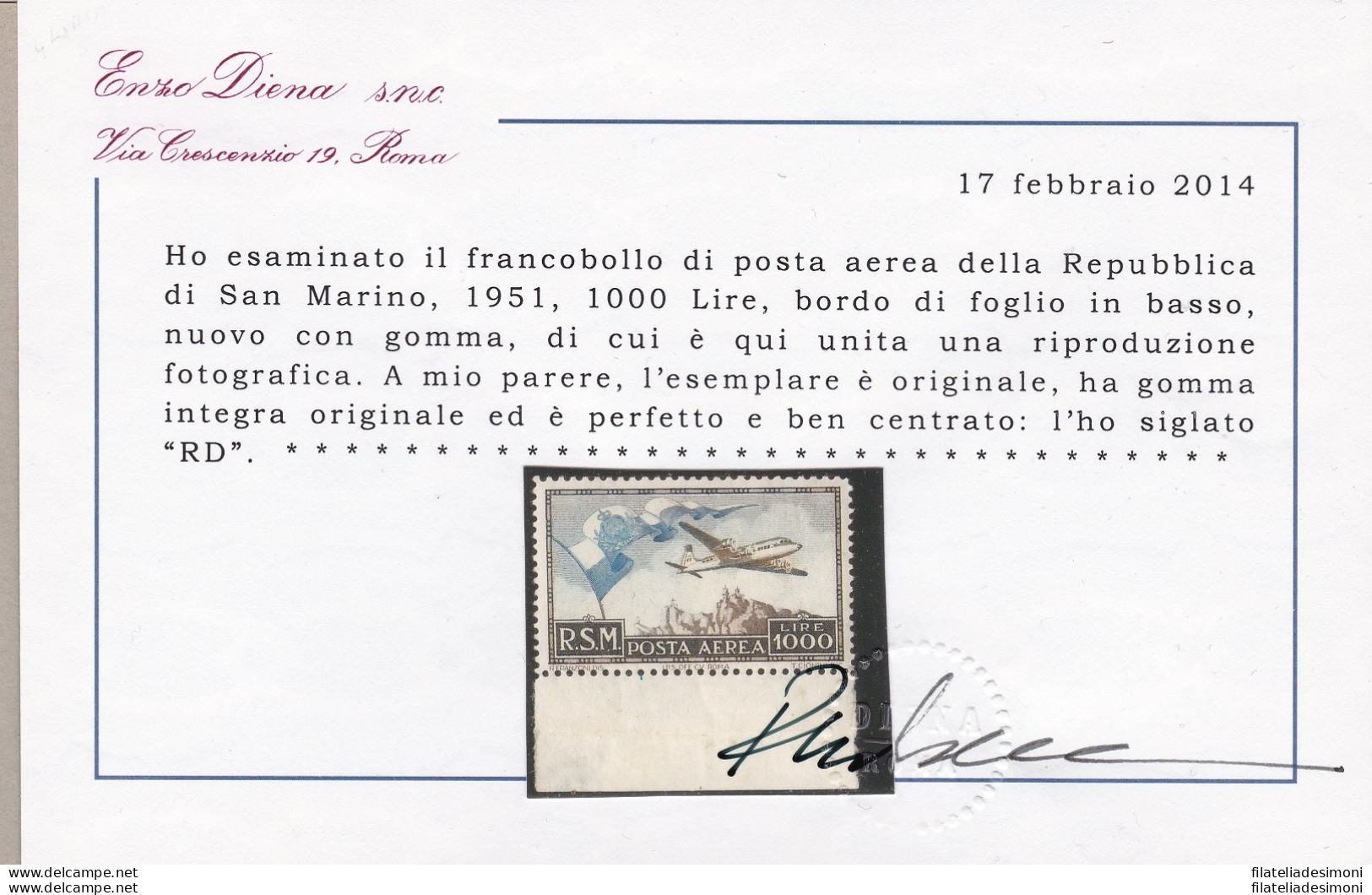 1951 SAN MARINO, PA N° 99 ,  'Bandierone'  , MNH** , Certificato Diena - Airmail