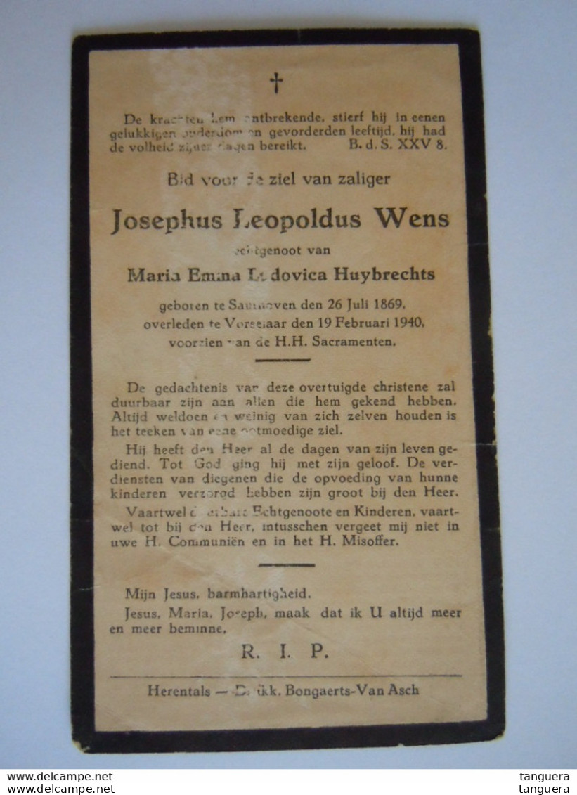 Doodsprentje Josephus Leopoldus Wens Santhoven 1869 Vorselaar 1940 Echtg. Maria Emma Ludovica Huybrechts - Devotieprenten