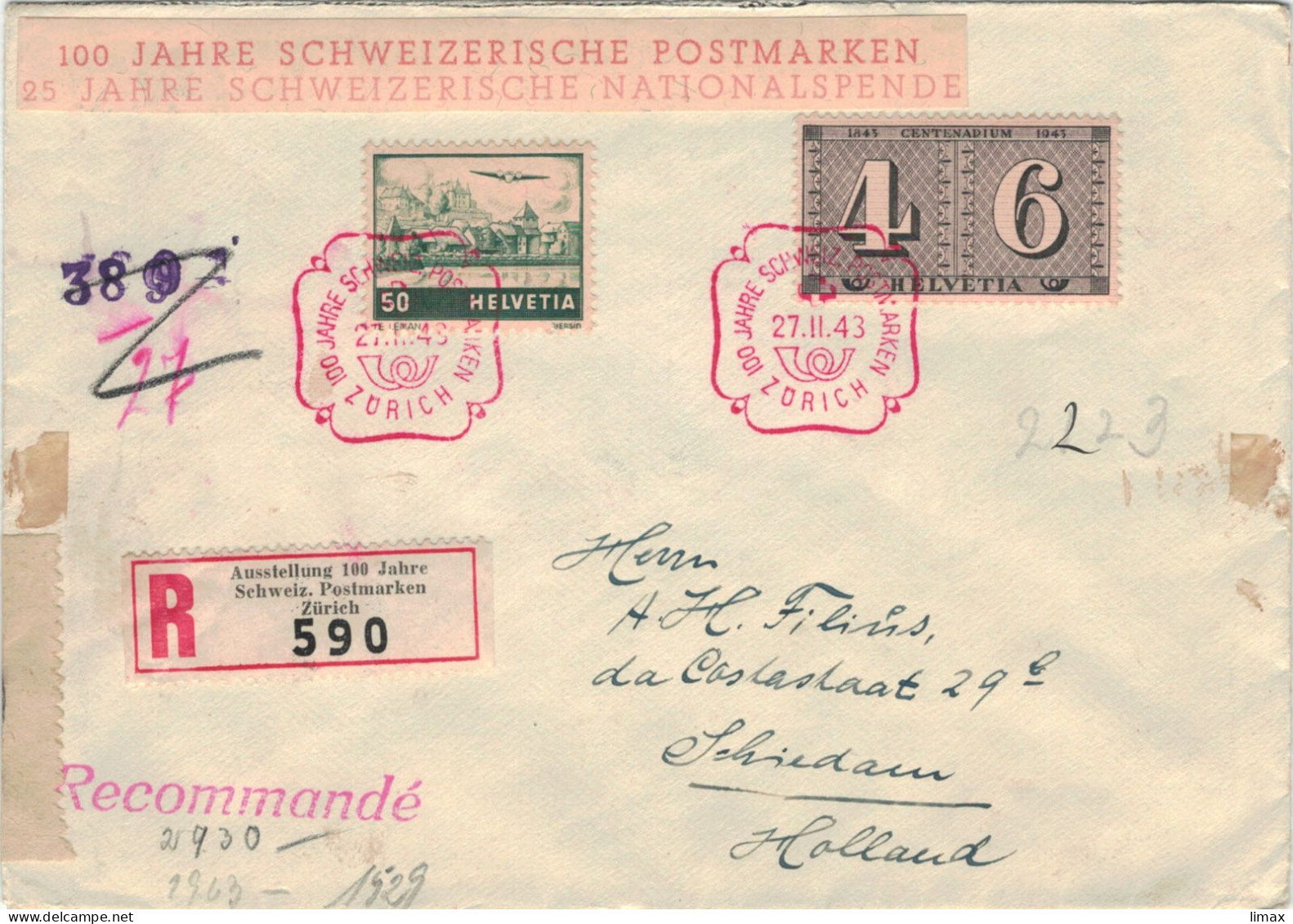Rufener Zürich 1943 Reko > Schiedam - Zensur OKW - 100 Jahre Schweizer Postmarken - Storia Postale