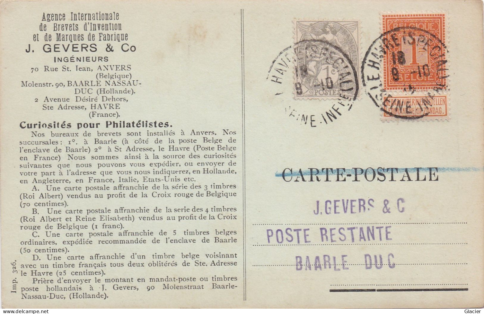 Curiosités Pour Philatélistes -108 ( 1 Centime ) + Timbre Française 1913 - Le Havre Spécial - Poste Restante Baarle Duc - Autres & Non Classés