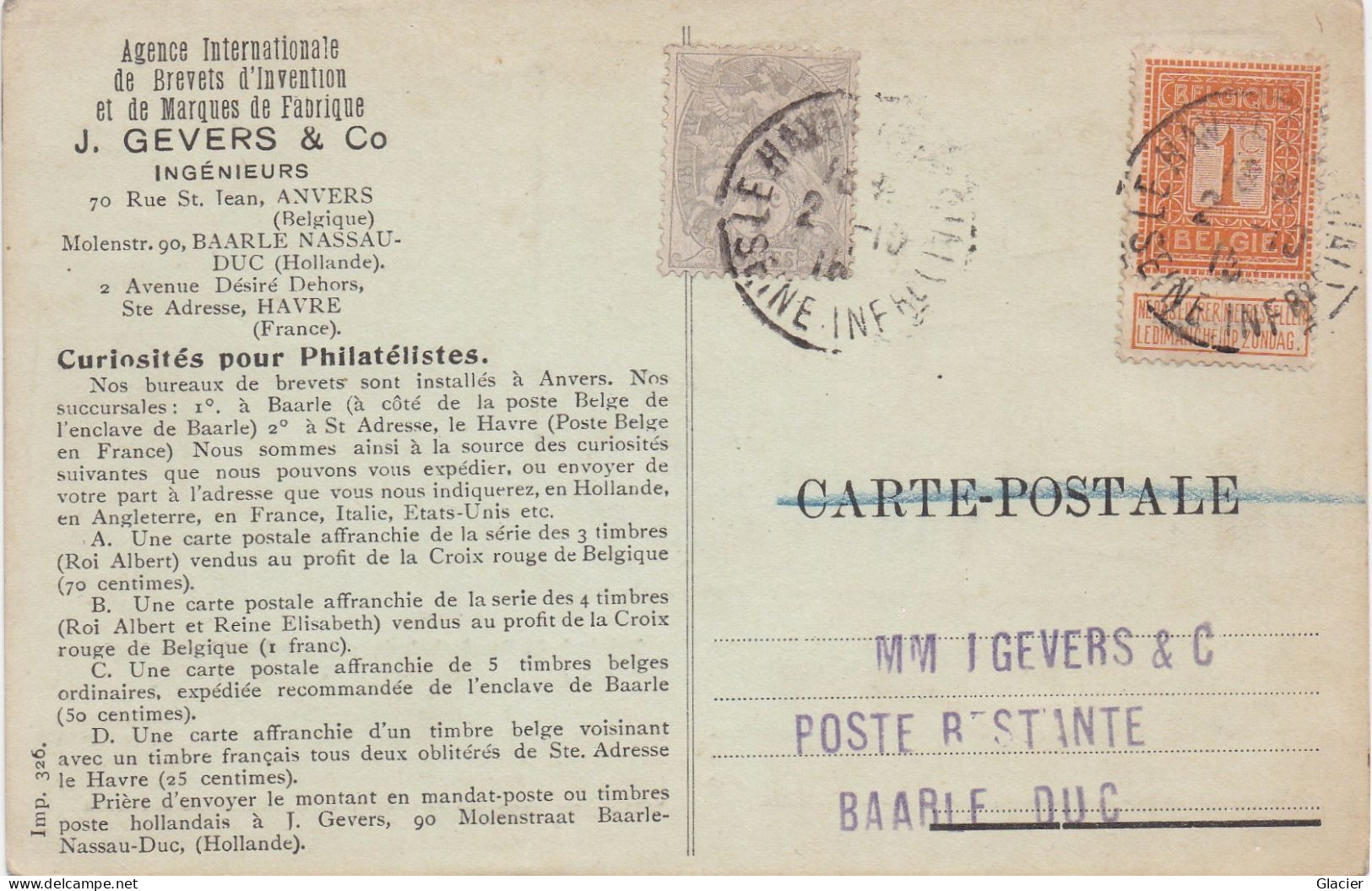 Curiosités Pour Philatélistes -108 ( 1 Centime ) + Timbre Française 1913 - Le Havre Spécial - Poste Restante Baarle Duc - Autres & Non Classés