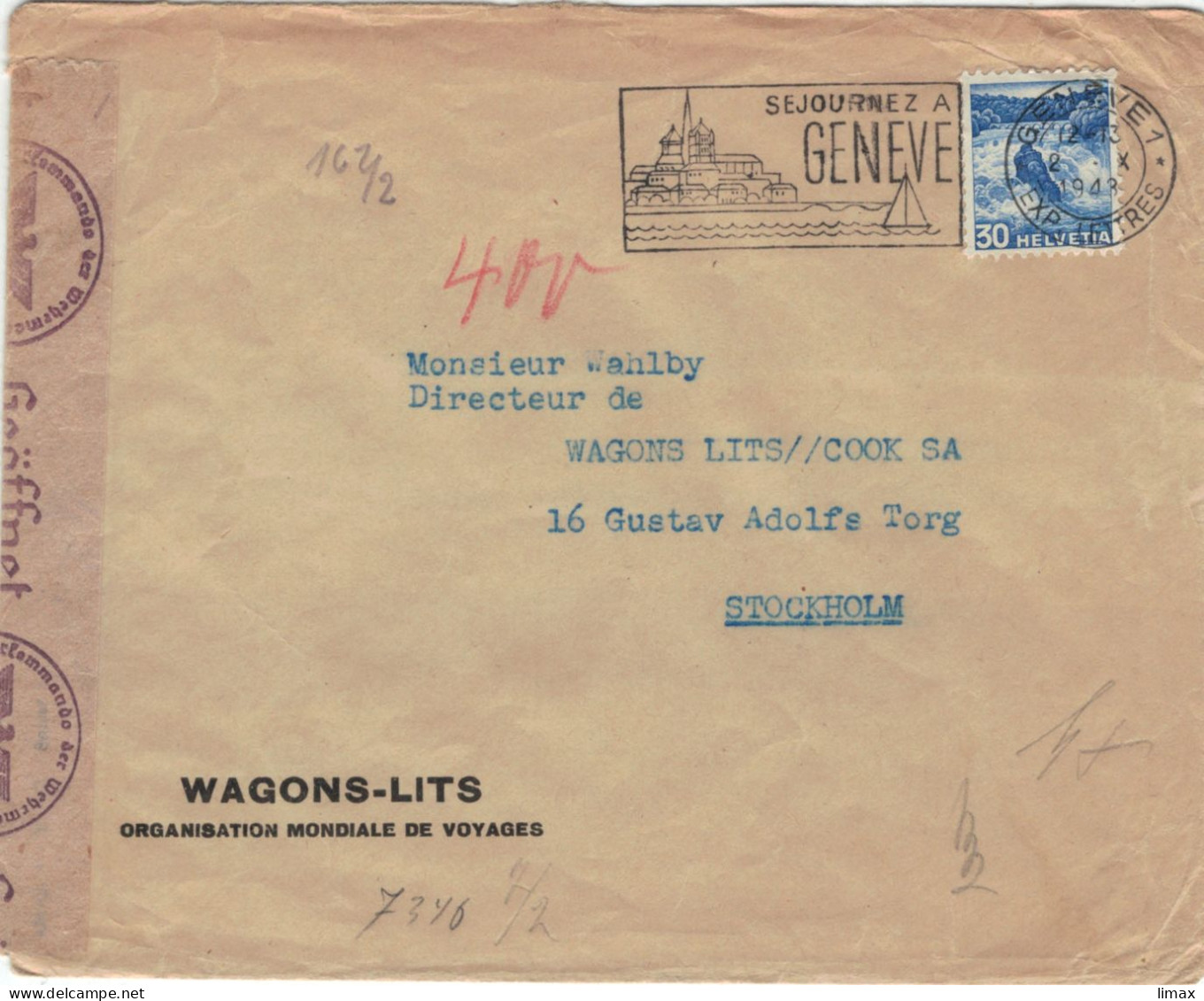 Wagons-Lits Geneve 1943 > Wagons Lits & Cook SA Stockholm - Zensur PKW - Covers & Documents
