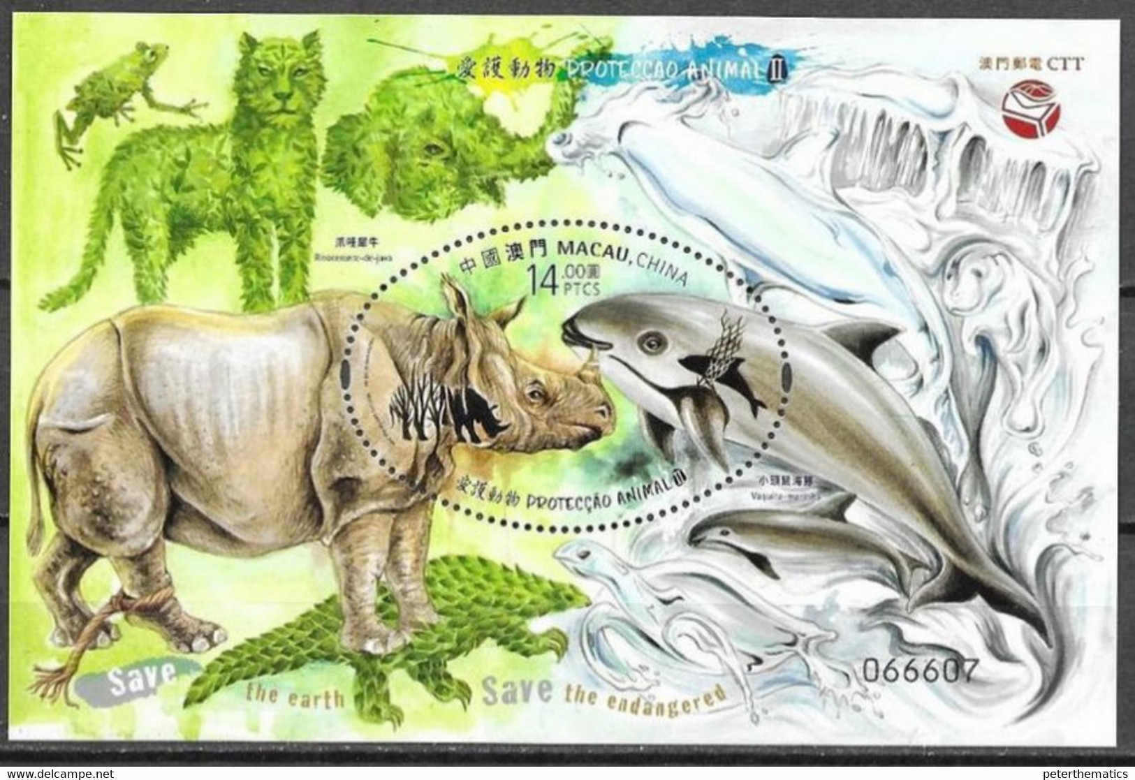 MACAO, 2020, MNH, ENDANGERED ANIMALS, DOLPHINS, TURTLES, FELINES, RHINOS, SHARKS, S/SHEET - Dolphins