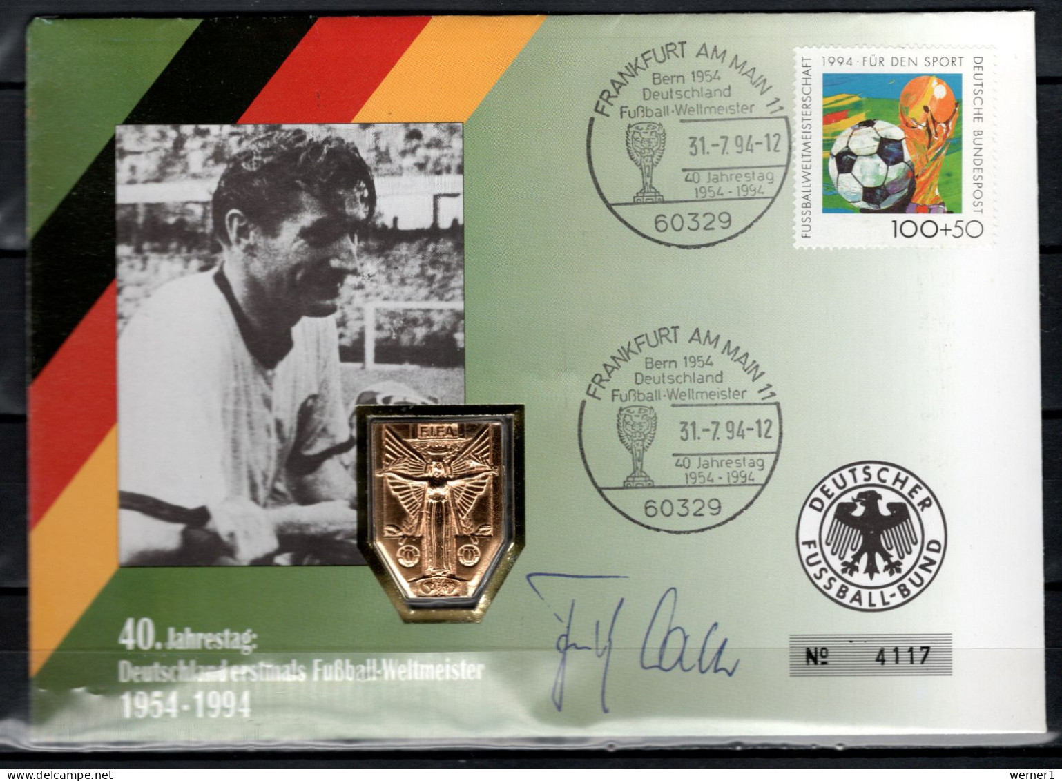 Germany 1994 Football Soccer World Cup Commemorative Cover With Medal And Original Signature Of Fritz Walter - 1994 – Verenigde Staten