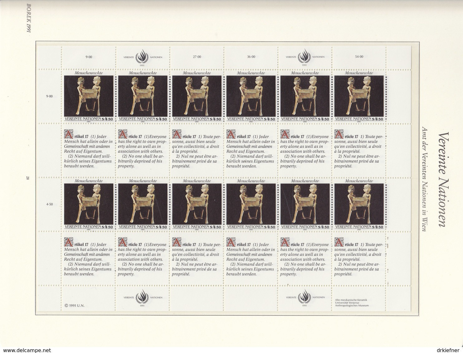 UNO WIEN 123-124, 2 Kleinbogen, Postfrisch **, Menschenrechte 1991 - Blocks & Sheetlets