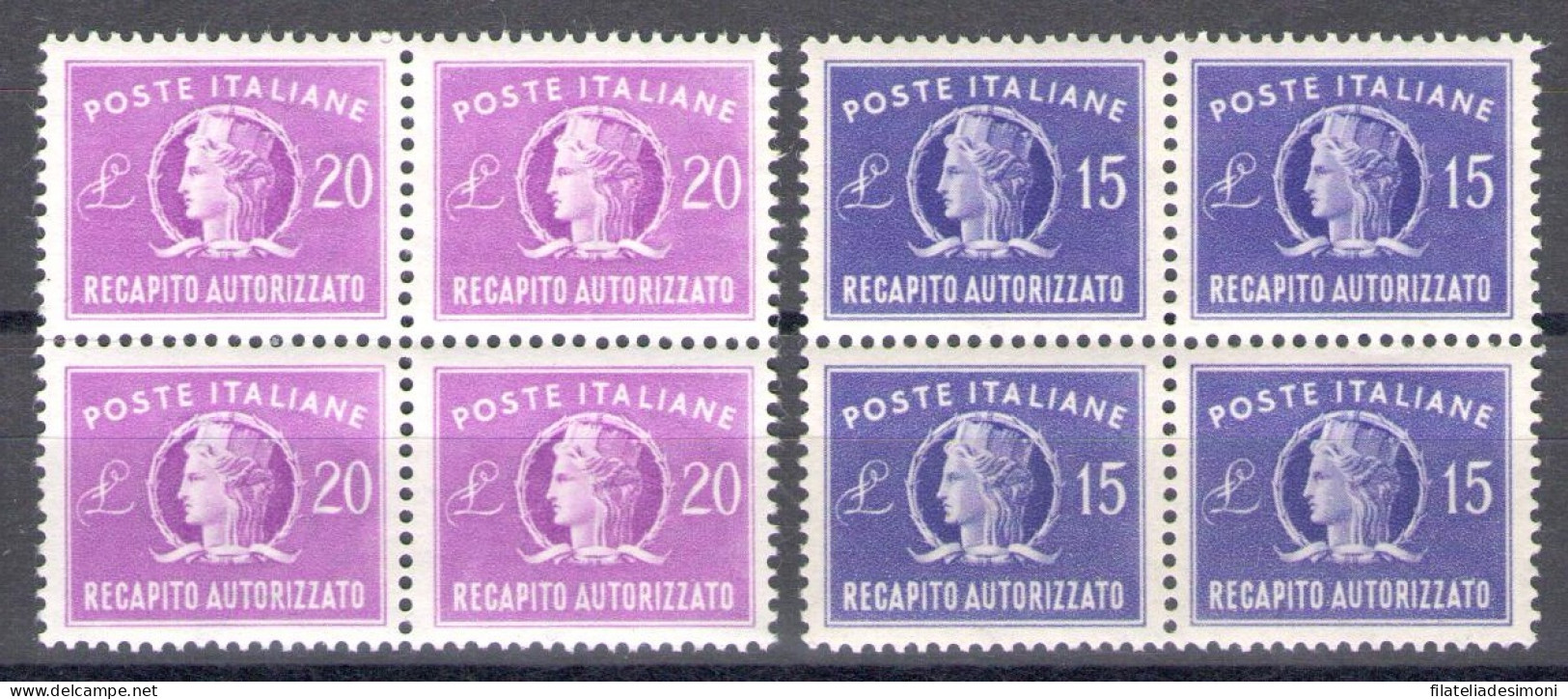 1949 REPUBBLICA Recapito Autorizzato Formato Ridotto 15 E 20 Lire Filigrana Ruota N. 10/11 MNH** QUARTINA - Otros & Sin Clasificación