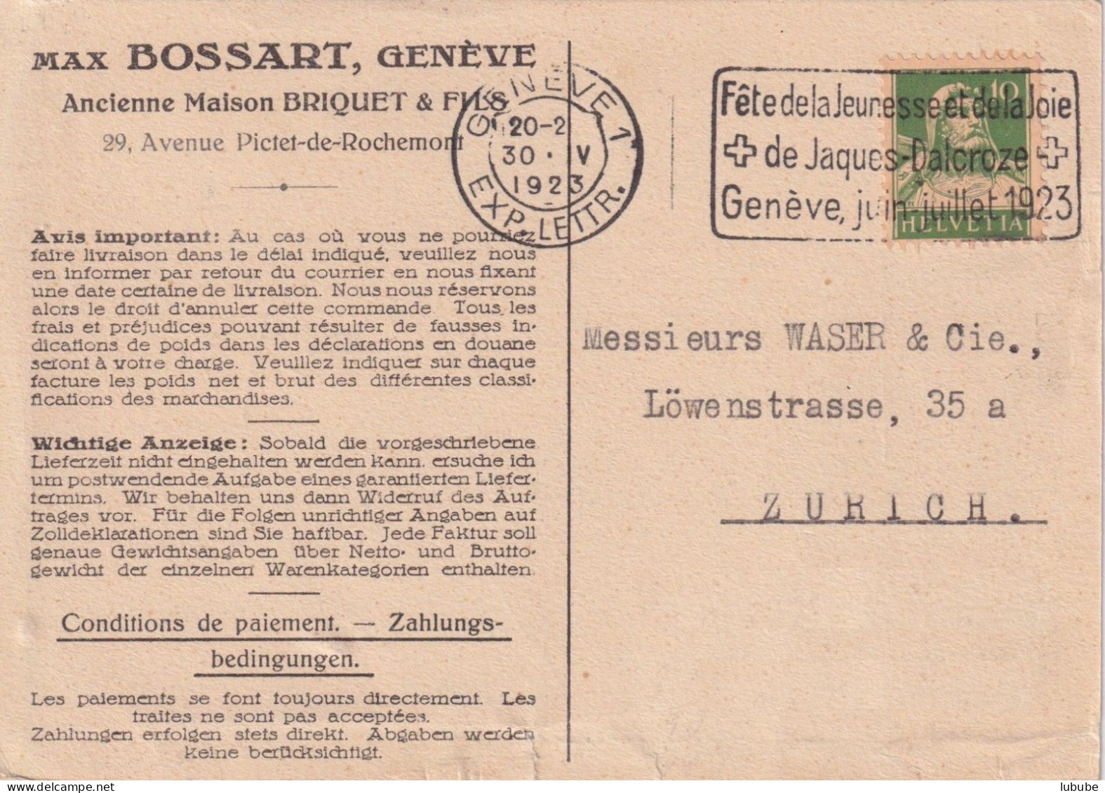 Motiv Karte  "Bossart, Genève"  (Flagge: Fête De La Jeunesse Et De La Joie Dalcroze)       1923 - Lettres & Documents