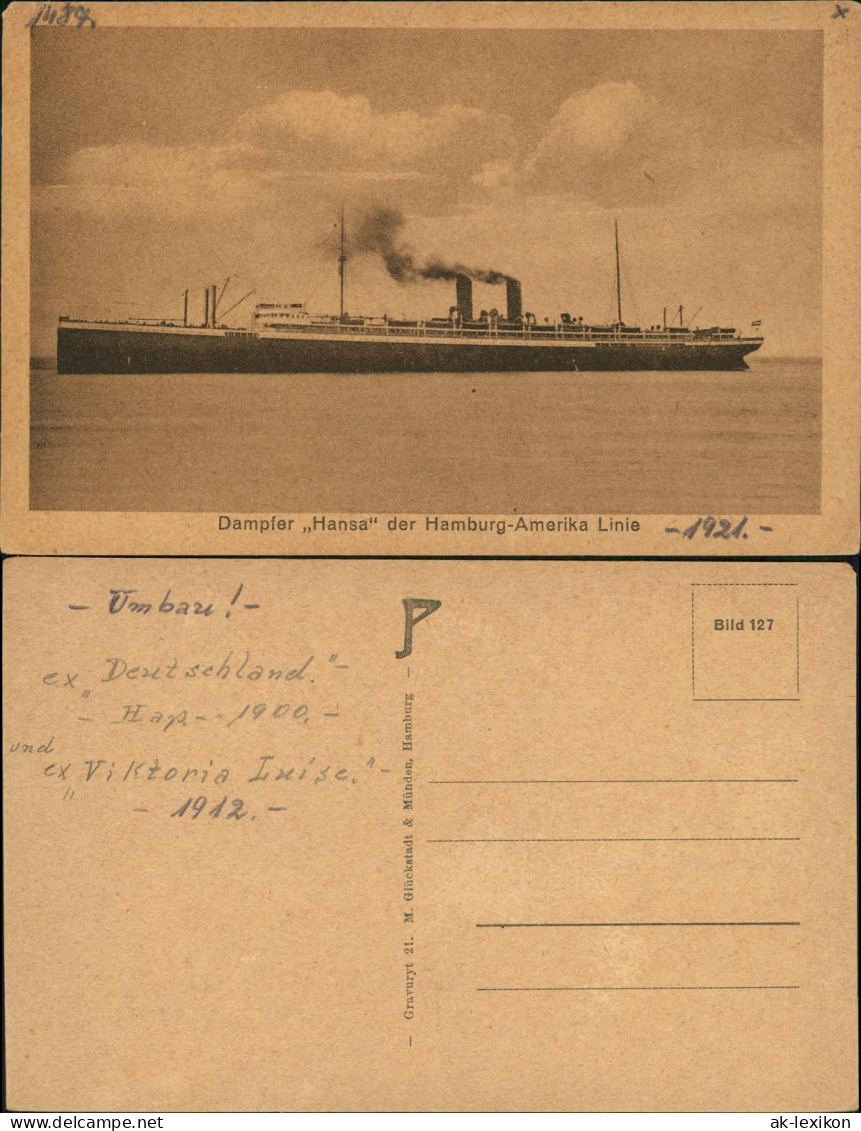 Ansichtskarte  Schiffe Steamer Dampfer "Hansa" Der Hamburg-Amerika Linie 1921 - Paquebots